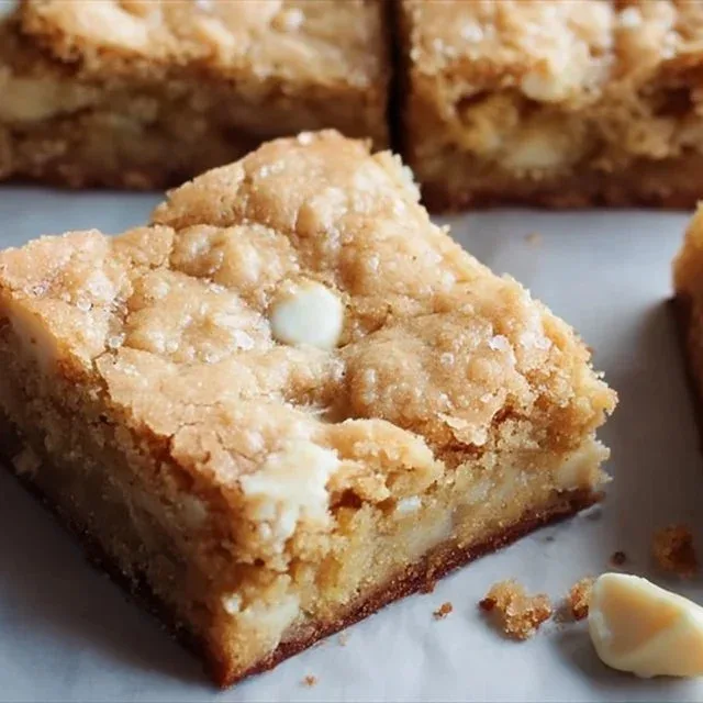 Delicious homemade white chocolate blondies on a rustic wooden table.