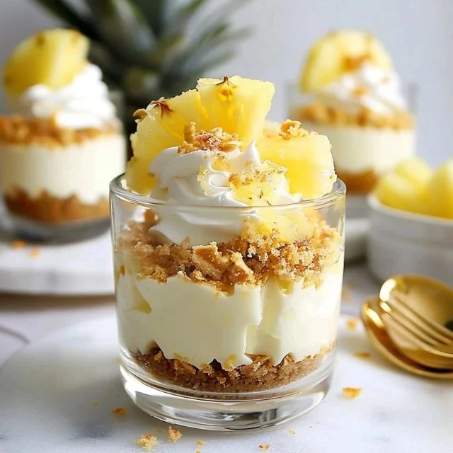 Six pineapple cheesecake cool whip cups garnished with fresh pineapple slices.