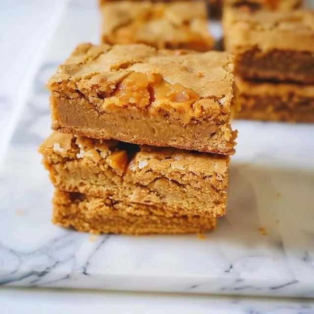 Deliciously baked butterscotch blondies on a wooden table