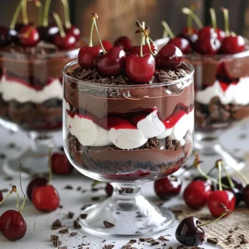 Delicious Black Forest Trifle with chocolate, cherries, and whipped cream layers.