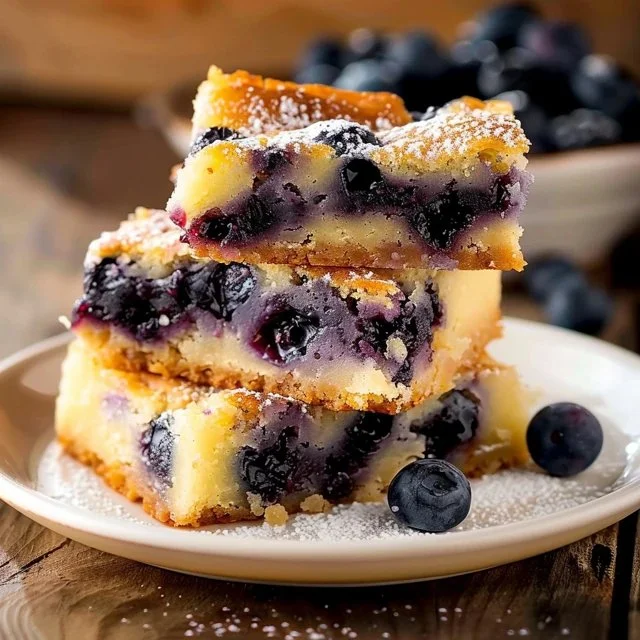 Freshly baked Blueberry Blondies on a white plate