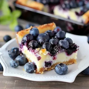 Delicious blueberry cheesecake bars topped with fresh blueberries and cream.