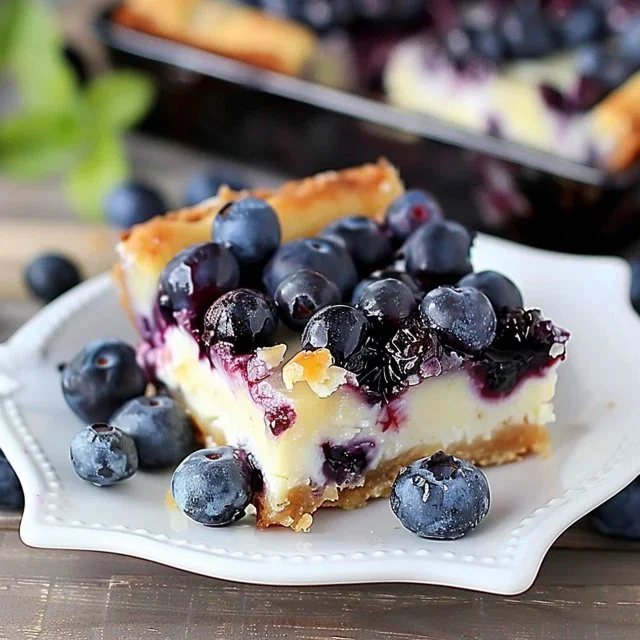 Delicious blueberry cheesecake bars topped with fresh blueberries and cream.