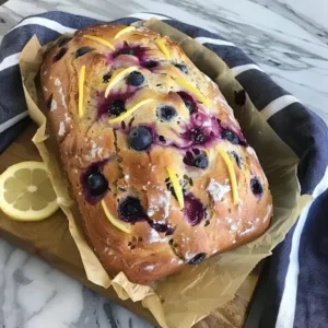 Freshly baked Blueberry Lemon Sourdough Loaf with blueberries and lemon zest