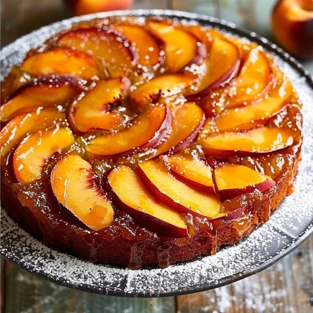 Bourbon Peach Upside-Down Cake with fresh peaches and a rich glaze