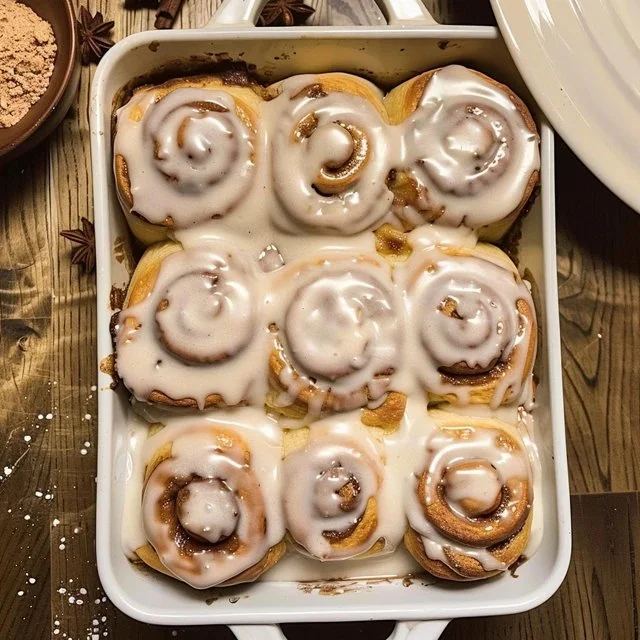Freshly baked chai latte cinnamon rolls topped with icing and cinnamon.