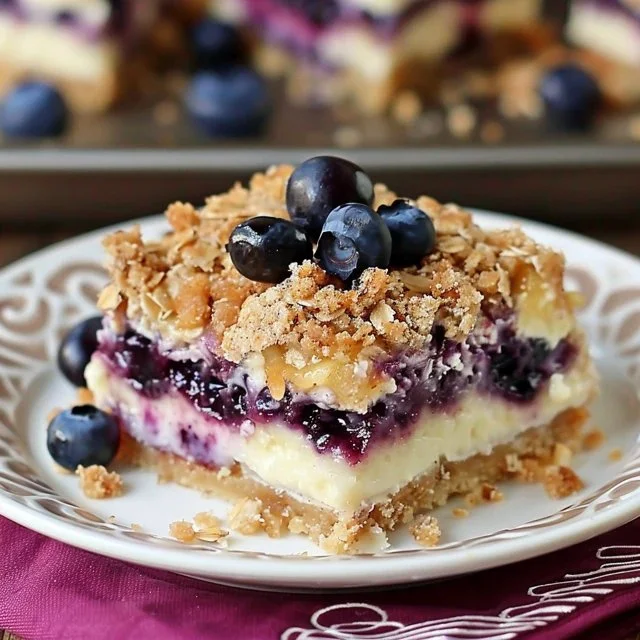 Cheesecake bars topped with fresh blueberries and oat crumble on a plate