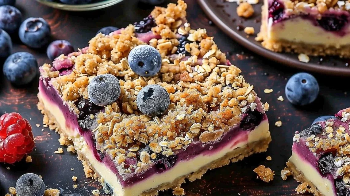 Cheesecake Bars with Blueberries and Oat Crumble
