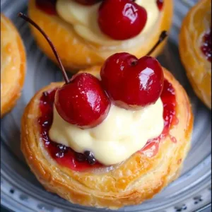 Freshly baked Cherry Cheese Danish with cherry topping and cream cheese filling