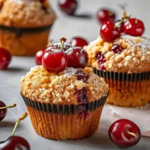 Cherry Cobbler Muffins 3 Freshly baked Cherry Cobbler Muffins topped with cherries and crumbly streusel.