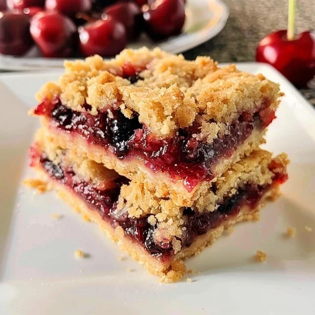 Cherry pie crumb bars with fresh cherries and a crumbly topping.