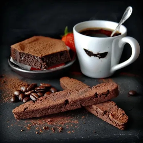 Delicious chocolate espresso biscotti on a plate with coffee