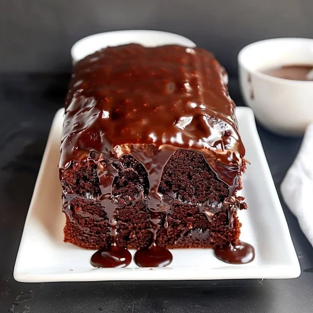 Delicious chocolate pound cake with sour cream, topped with chocolate icing.