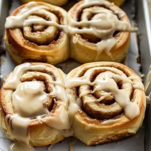 Fluffy homemade cinnamon rolls topped with icing and cinnamon sugar.