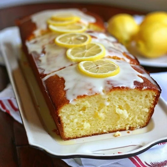 Slice of classic lemon pound cake with a lemon wedge on a plate