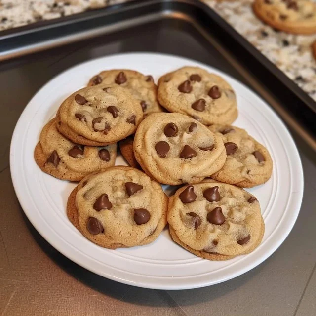 Delicious classic sourdough discard chocolate chip cookies on a plate.