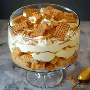 Delicious creamy Lotus Biscoff trifle dessert in a glass