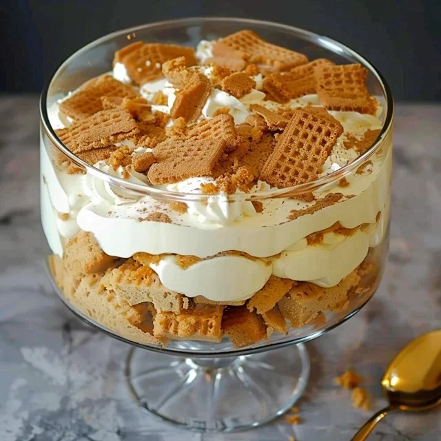Delicious creamy Lotus Biscoff trifle dessert in a glass