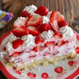 Creamy strawberry layered dessert delight with fresh strawberries and whipped cream