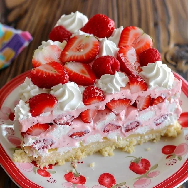 Creamy strawberry layered dessert delight with fresh strawberries and whipped cream