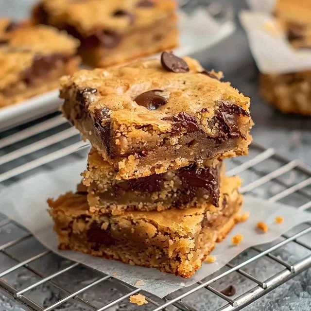 Delicious sourdough chocolate chip blondies on a wooden plate