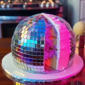 Delicious Disco Ball Cake decorated with shimmering fondant and edible glitter.
