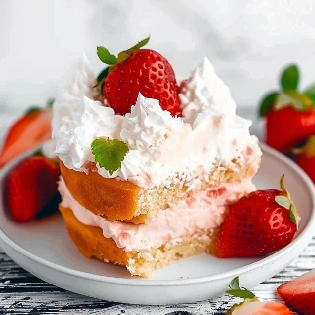 Delicious easy 3 ingredient strawberry cloud cake topped with fresh strawberries