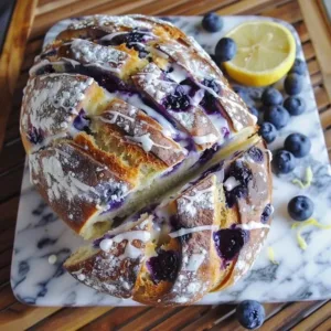 Homemade easy Blueberry Sourdough Bread with fresh blueberries visible.