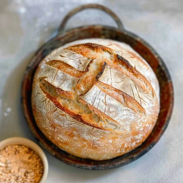 A loaf of homemade sourdough bread made from an easy first sourdough recipe.