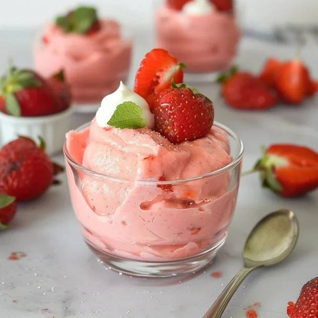 Delicious easy fresh strawberry mousse dessert in a serving bowl