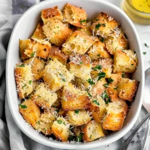 Bowl of easy homemade croutons made from toasted bread.