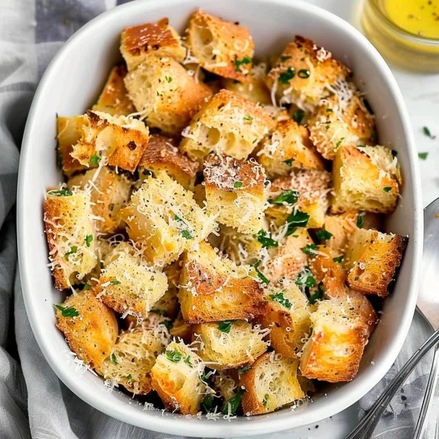 Bowl of easy homemade croutons made from toasted bread.