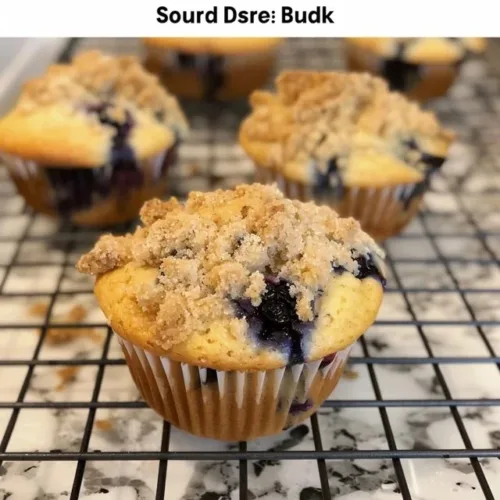 Delicious easy sourdough blueberry muffins on a wooden table.