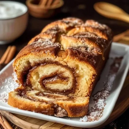 Slice of easy sourdough cinnamon bread with cinnamon swirl and golden crust
