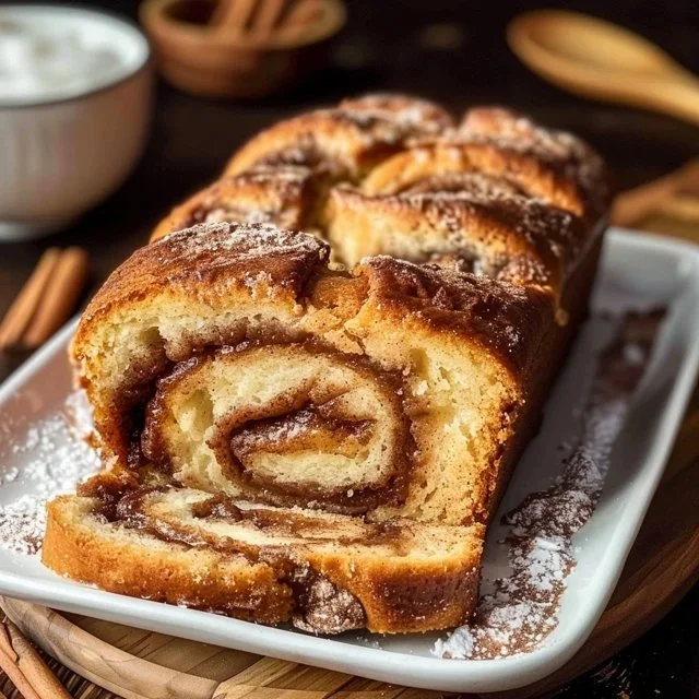Slice of easy sourdough cinnamon bread with cinnamon swirl and golden crust
