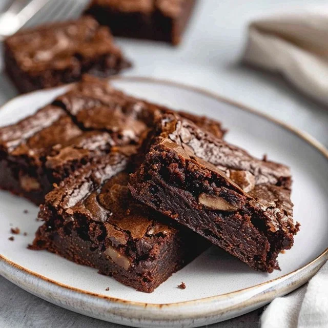 Plate of easy sourdough discard brownies topped with chocolate drizzle.