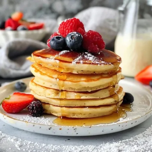 Plate of easy sourdough discard pancakes topped with syrup and berries