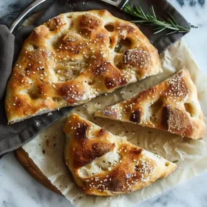 Easy homemade sourdough focaccia topped with herbs and olive oil