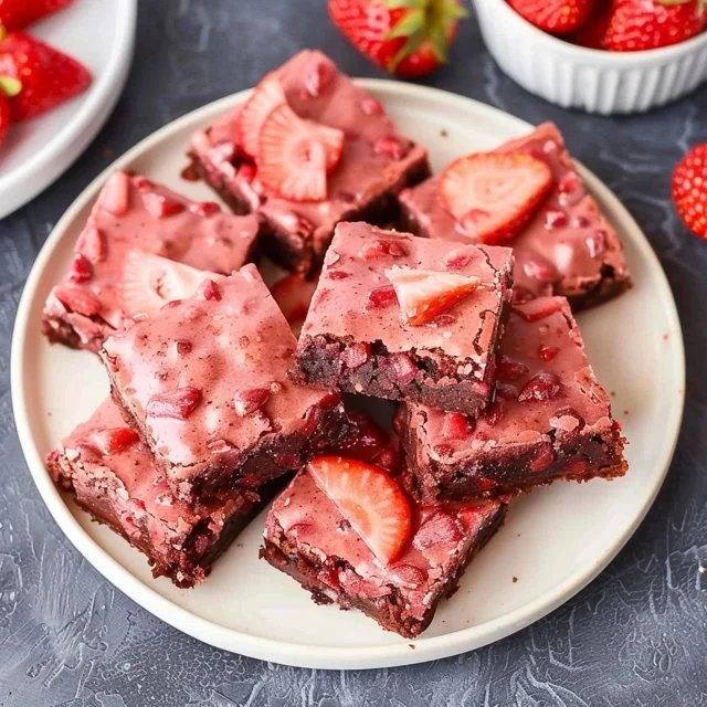 Plate of easy strawberry brownies with fresh strawberries on top