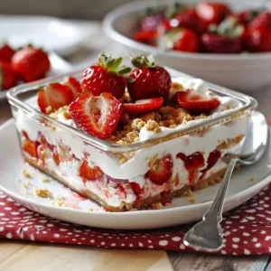 Easy Strawberry Dream Dessert layered with fresh strawberries and cream.