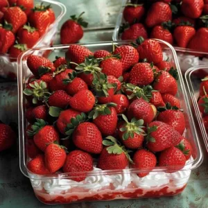 Bowl of Easy Strawberry Heaven dessert topped with whipped cream and fresh strawberries