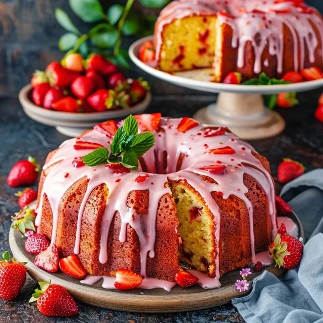 Delicious easy strawberry pound cake topped with fresh strawberries