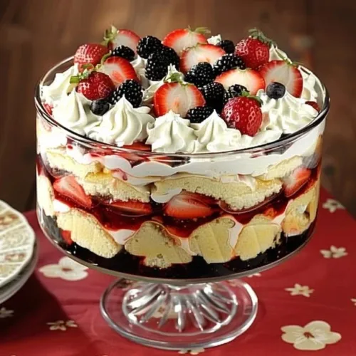 Delicious English Trifle with layers of fruit, cream, and sponge cake