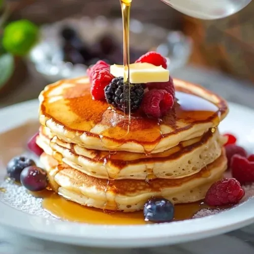 Fluffy sourdough pancakes stacked on a plate with syrup
