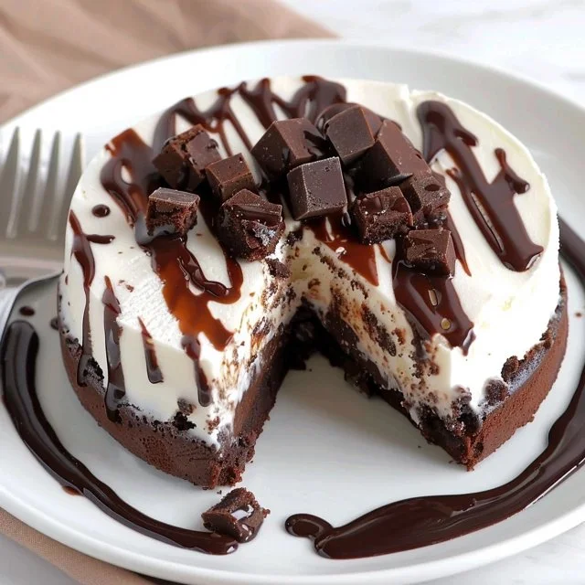 A delicious frozen brownie ice cream cake layered with chocolate and vanilla flavors.