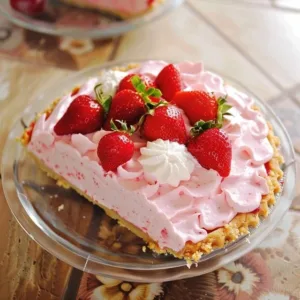 Delicious Frozen Strawberry Cream Pie topped with fresh strawberries
