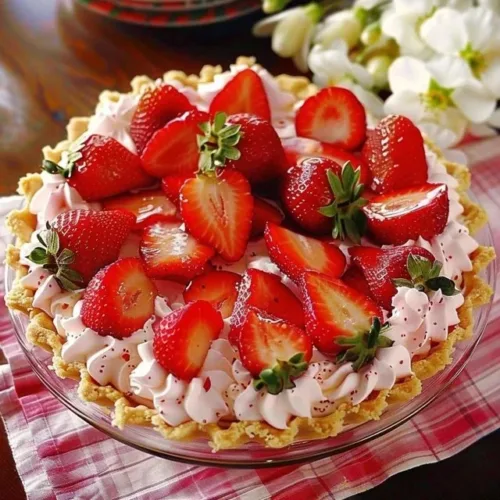 Frozen strawberry cream pie topped with fresh strawberries and whipped cream