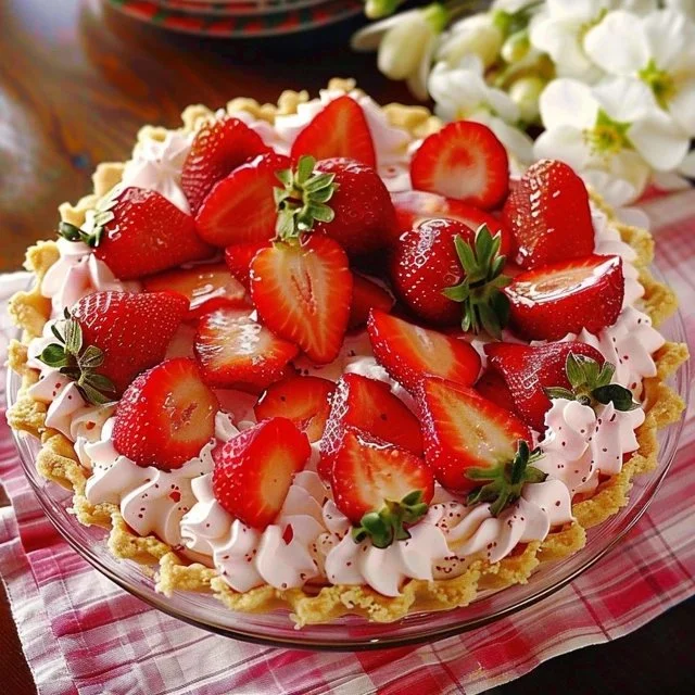 Frozen strawberry cream pie topped with fresh strawberries and whipped cream