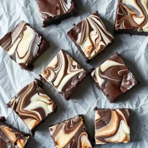 Gluten-free cream cheese swirl brownies on a white plate with chocolate drizzle.