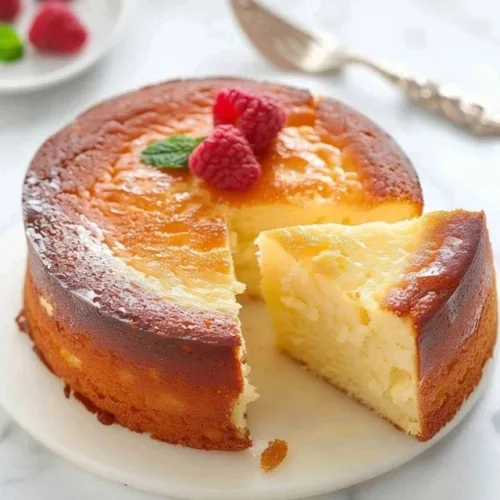 Slice of homemade Greek yogurt cake topped with fresh fruit and yogurt